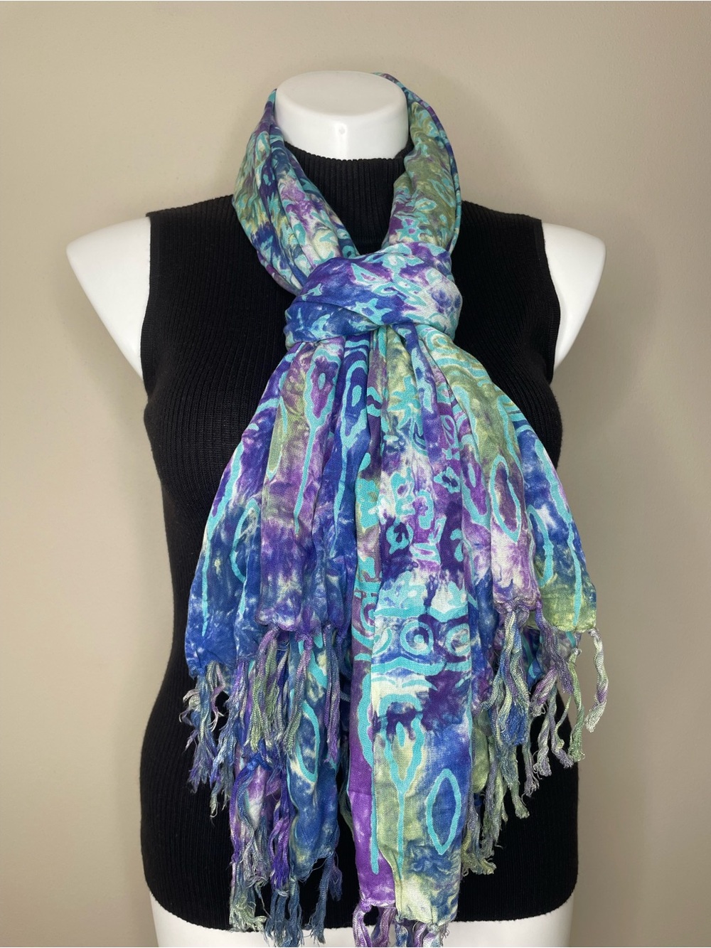 Vibrant Blue, Green & Purple Batik Floral Patterned Women's Fringed Scarf